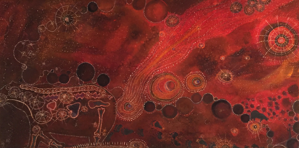 "Bear Medicine, Comet NEOWISE, Moon, Venus, Mercury at Sunrise during Covid-19", ©Annette S. Lee, mixed media on paper, Sept. 2020. All rights reserved.