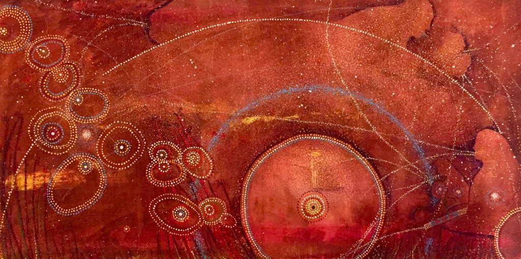 "Cansasa Ipusye (Red Willow) Constellation  Pipe Ceremony in the Stars" 
mixed media on paper, ©Annette S. Lee, March Equinox 2020.All rights reserved.