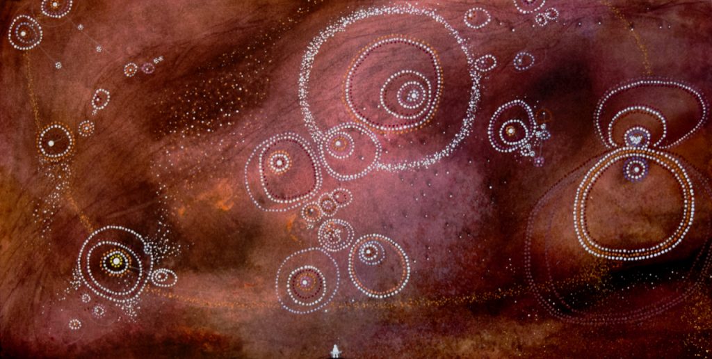 "Making Spirit, Making Starlight" Moon, Ikwe Anung (Venus), Winter Relatives, and Pleiades
mixed media on paper, ©Annette S. Lee, April 2020. All rights reserved.